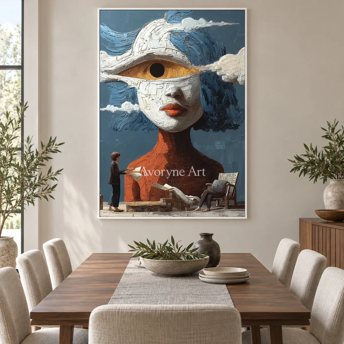 The Watching Cloud: Blue Surrealist Eye Portrait Wall Art — dining white