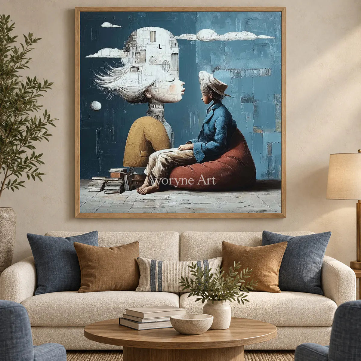 Rooms of Thought: Blue Surrealist Portrait Wall Art — hotel wood