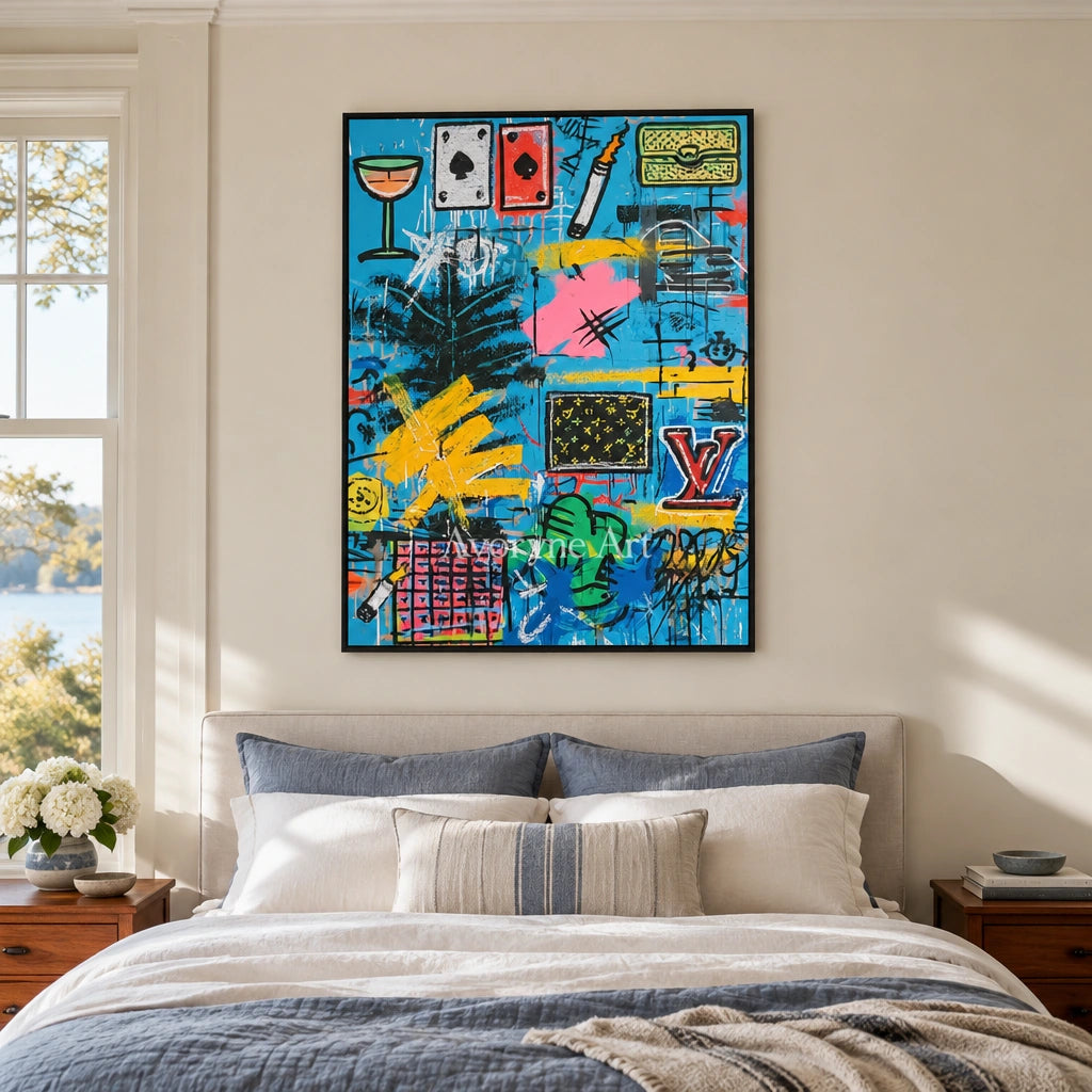 Ivory Amber Vista: Blue Symbol Graffiti — bedroom black