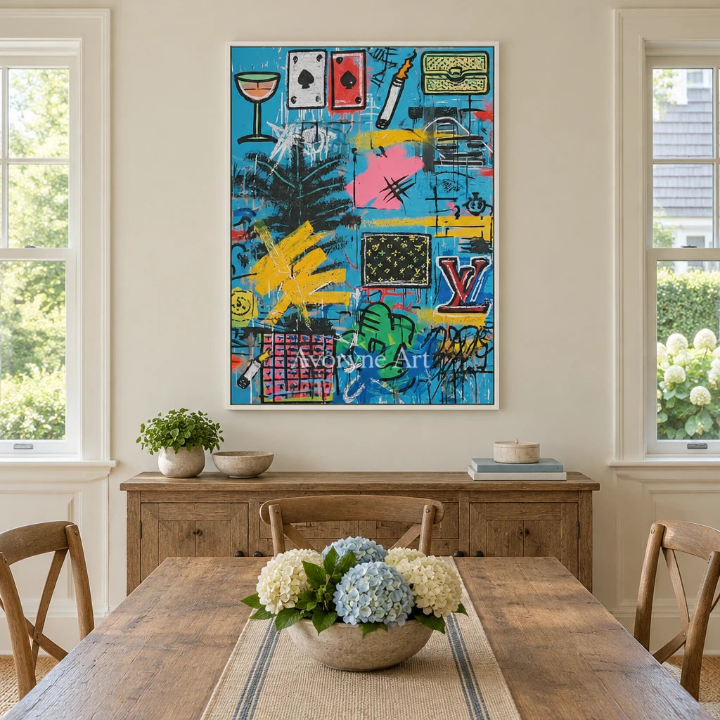 Ivory Amber Vista: Blue Symbol Graffiti — dining white