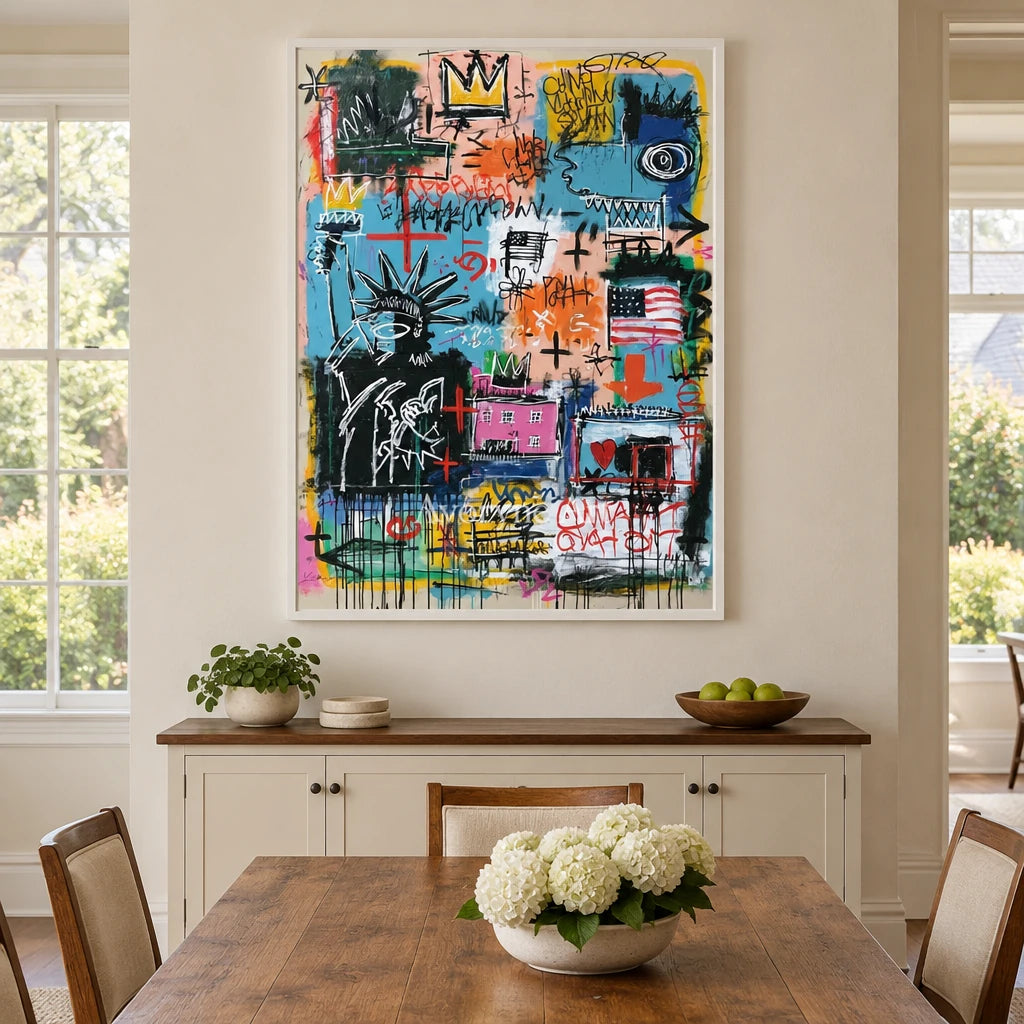 Ivory Amber Poem: Blue Symbol Graffiti — dining white