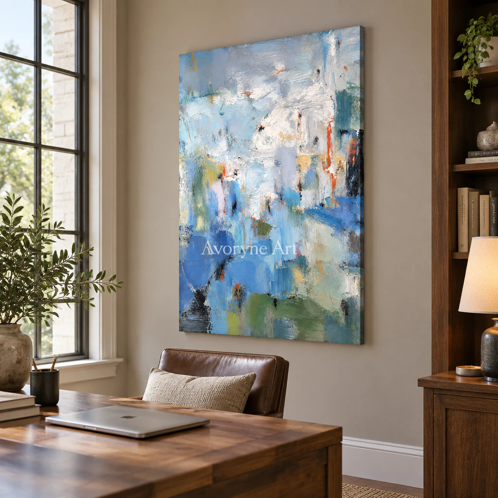 Blue Palimpsest: Blue Textured Abstract Wall Art — office frameless