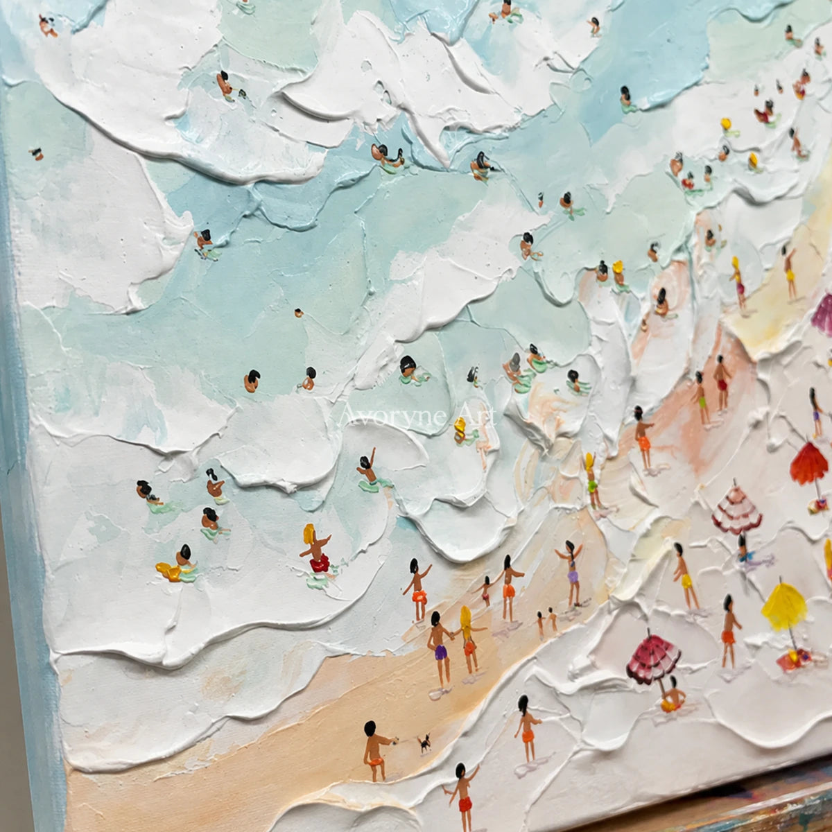 Summer Inlets: Blue Textured Beach and Umbrella Wall Art — detail easel