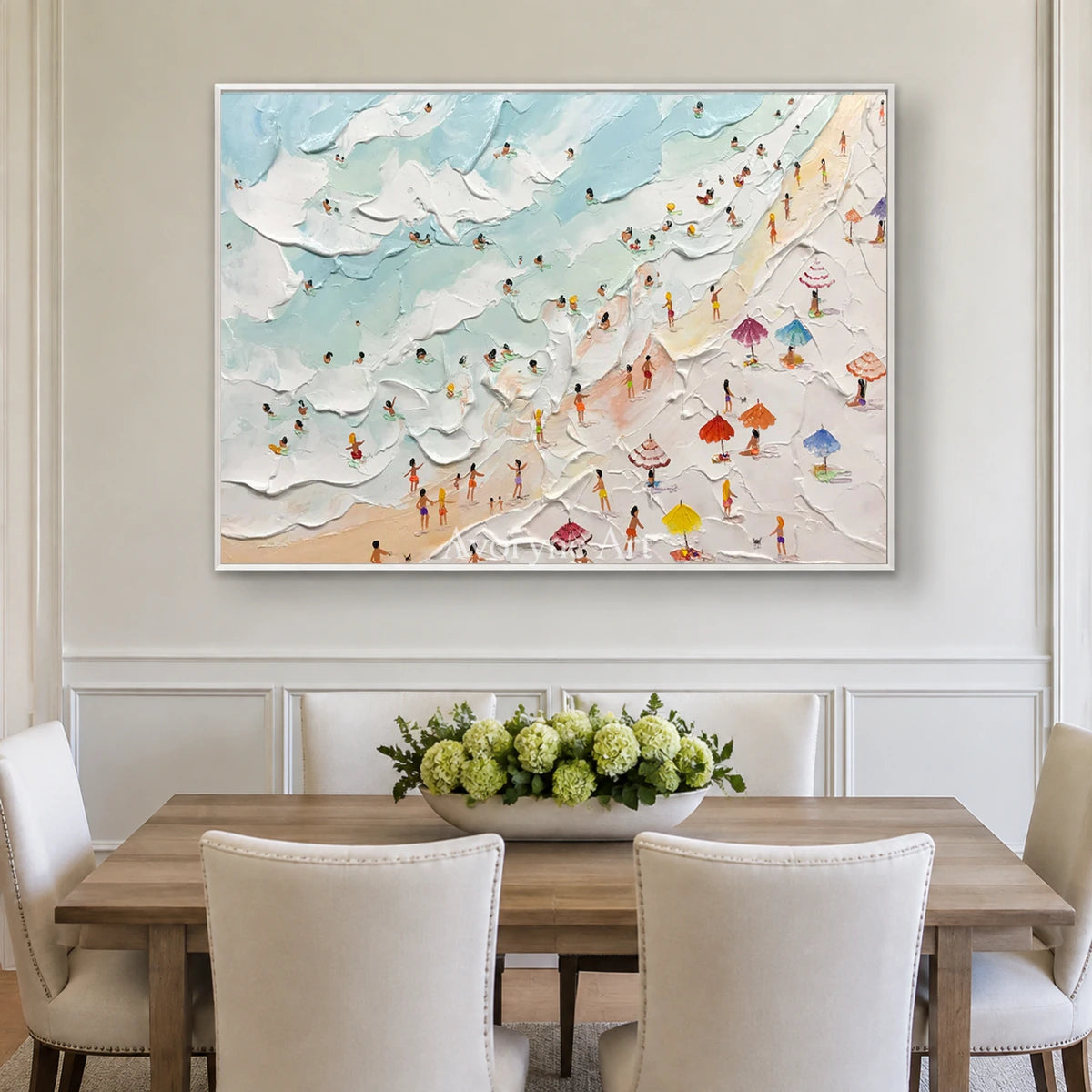 Summer Inlets: Blue Textured Beach and Umbrella Wall Art — dining white