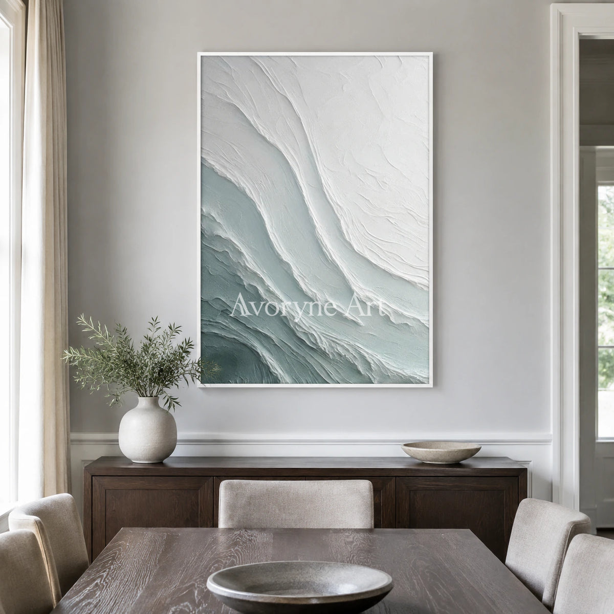 Tidal Veil: Blue Textured Ocean Abstract Wall Art - dining room white frame