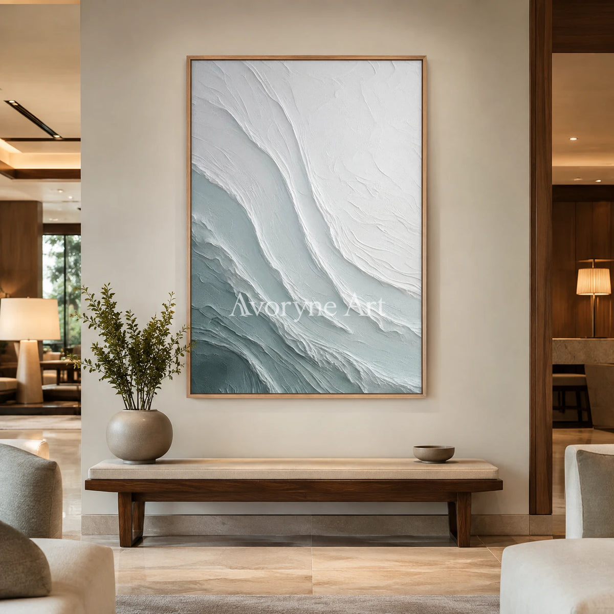 Tidal Veil: Blue Textured Ocean Abstract Wall Art - hotel wood frame