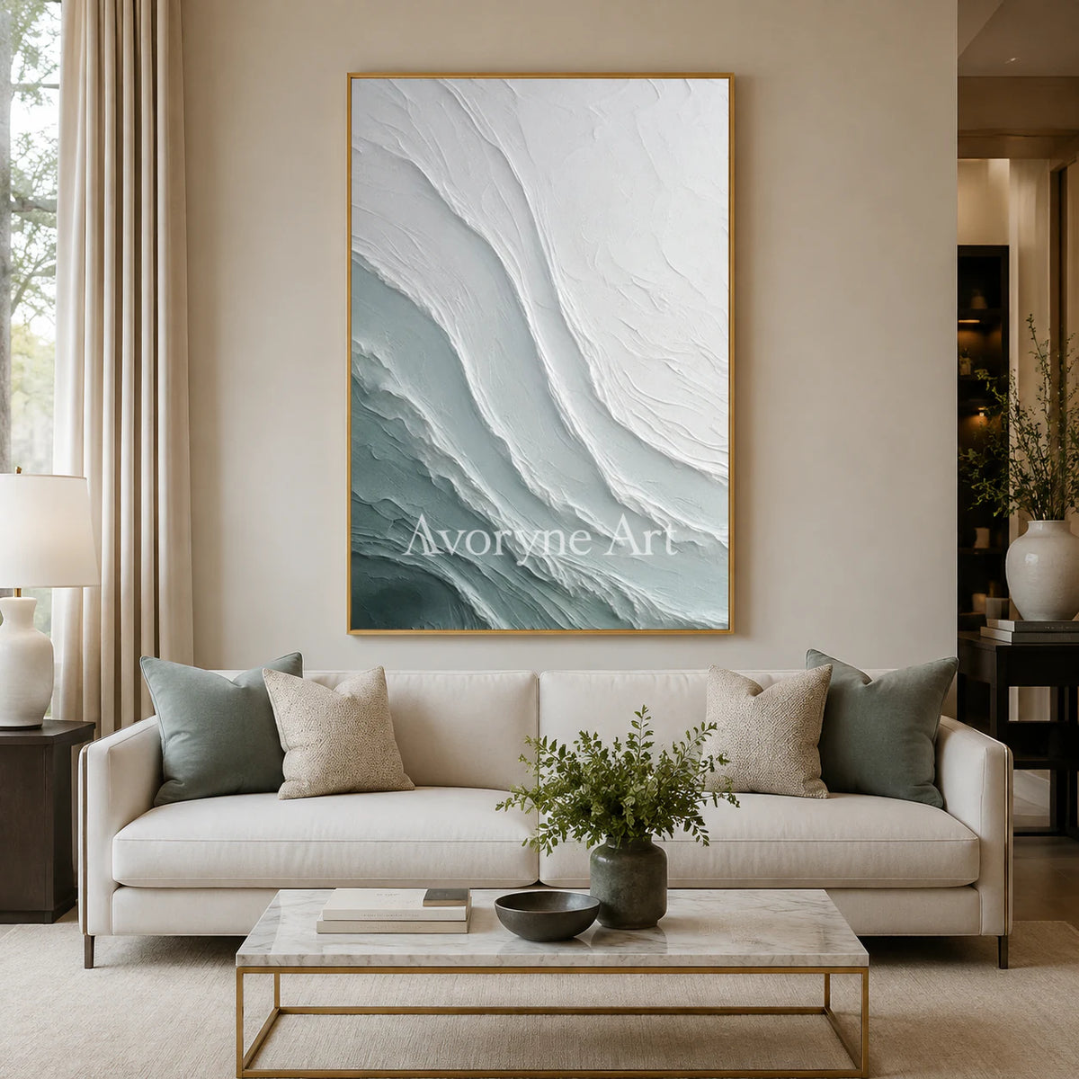 Tidal Veil: Blue Textured Ocean Abstract Wall Art - living room gold frame