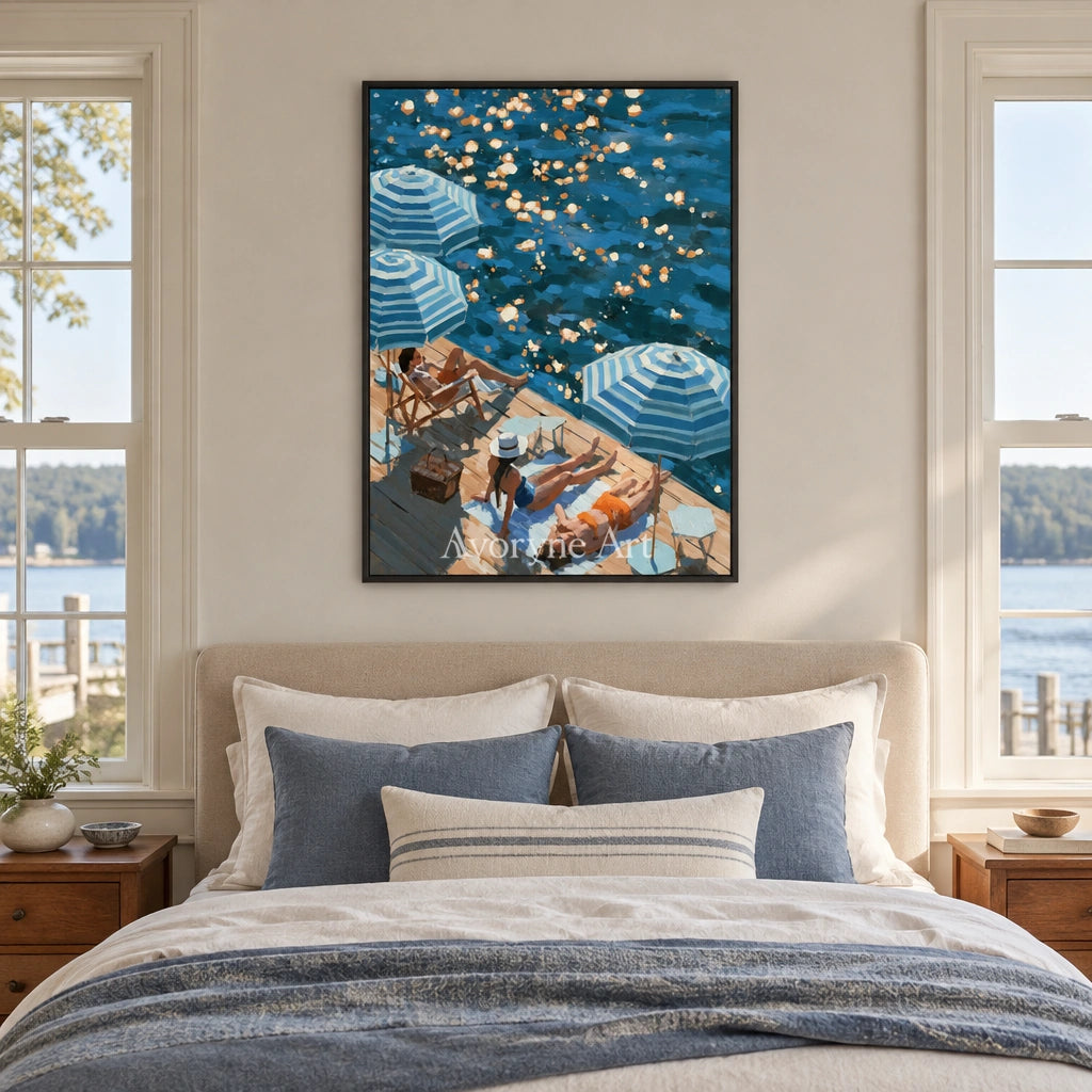 Ivory Amber Solace: Blue Waterside Art — bedroom black