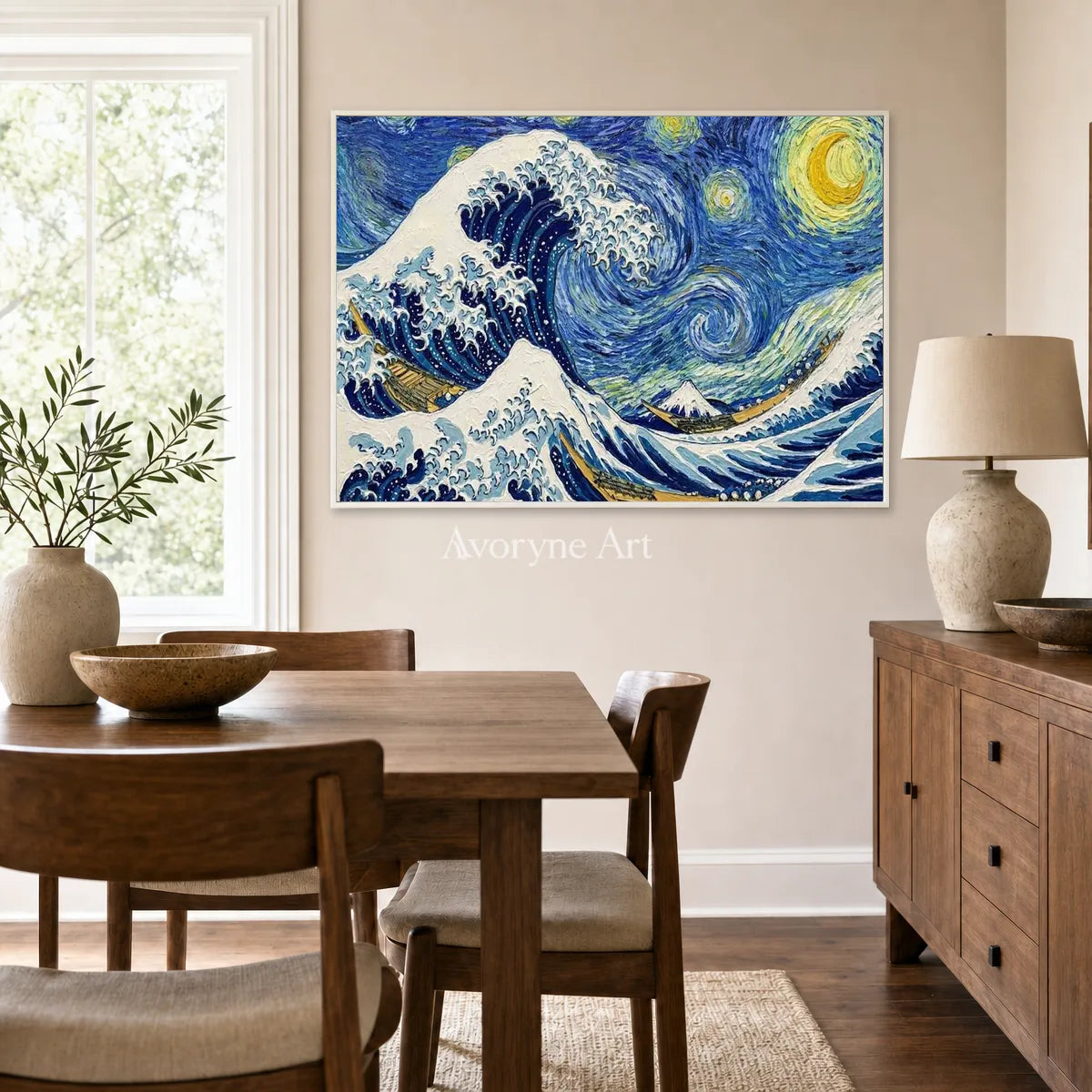 Midnight Breaker: Blue Wave and Starry Sky Wall Art — dining white