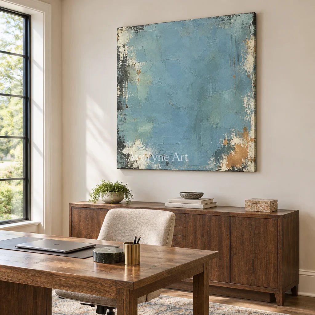 Blue Patina: Blue Weathered Abstract Wall Art — office frameless