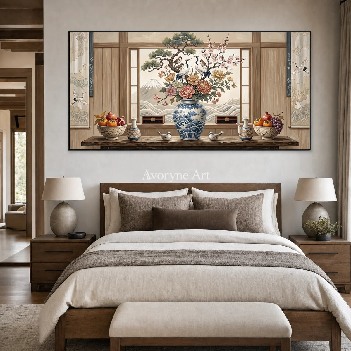 Window of Plenty: Brown Floral Vase Panoramic Still Life Wall Art — bedroom black