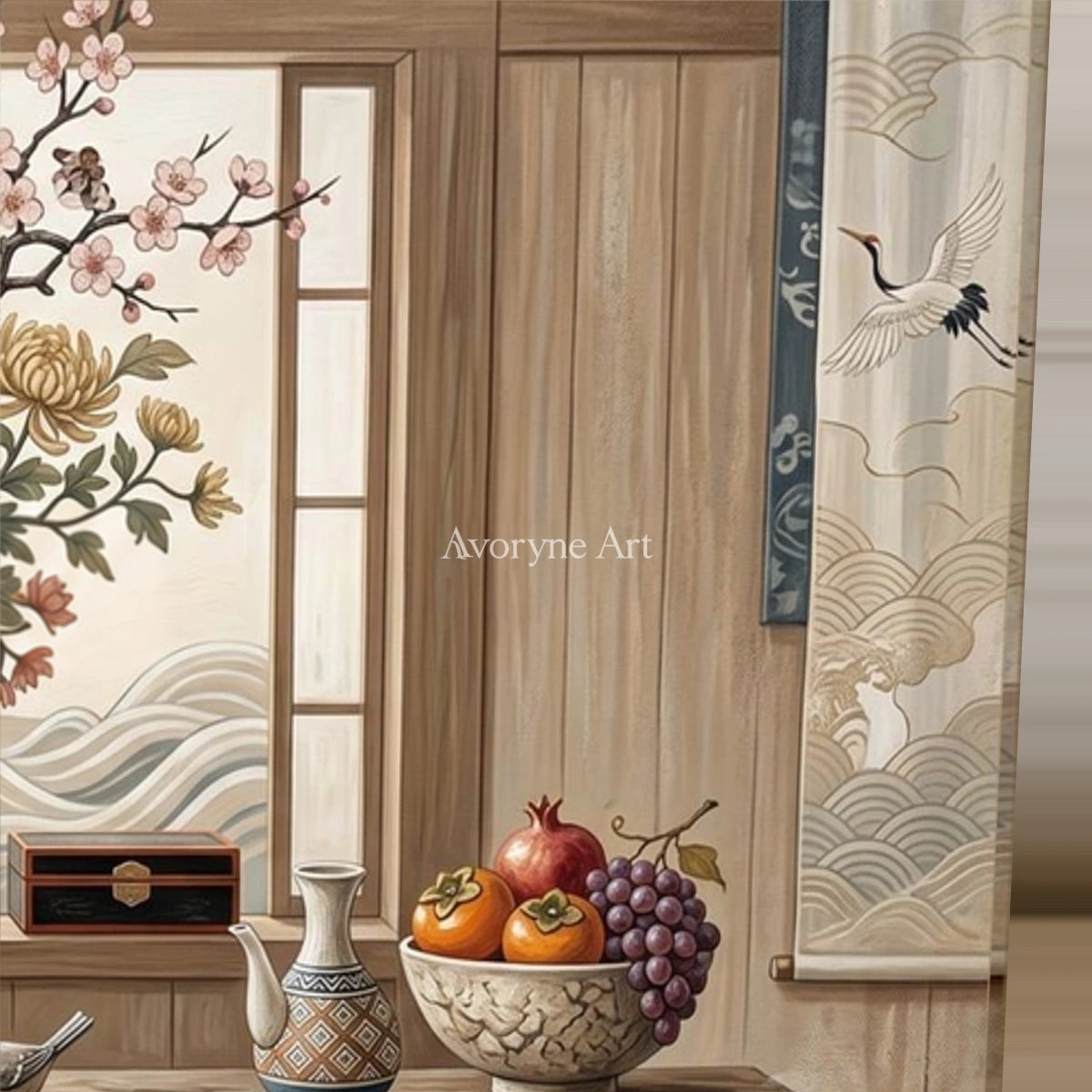 Window of Plenty: Brown Floral Vase Panoramic Still Life Wall Art — detail easel