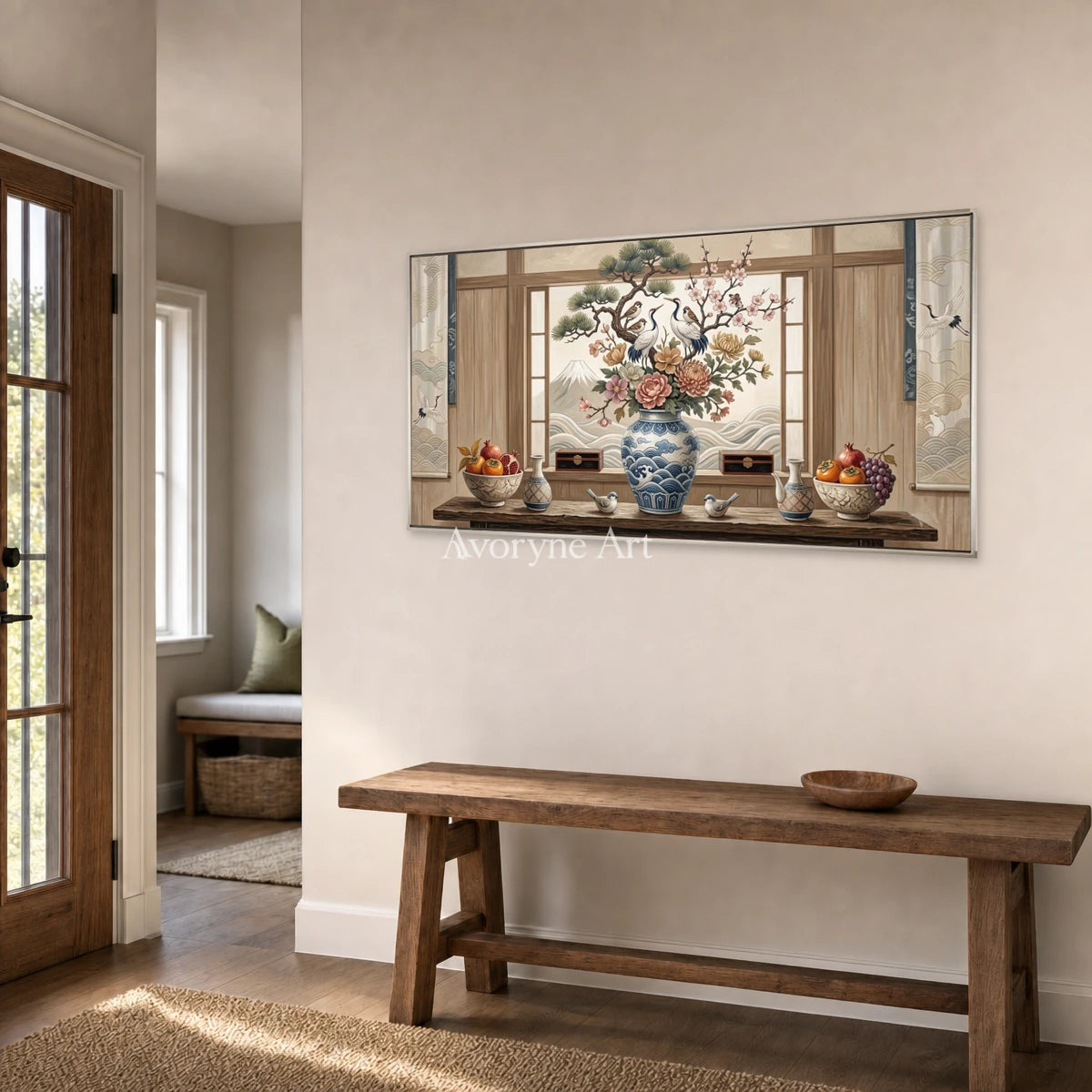 Window of Plenty: Brown Floral Vase Panoramic Still Life Wall Art — entry silver