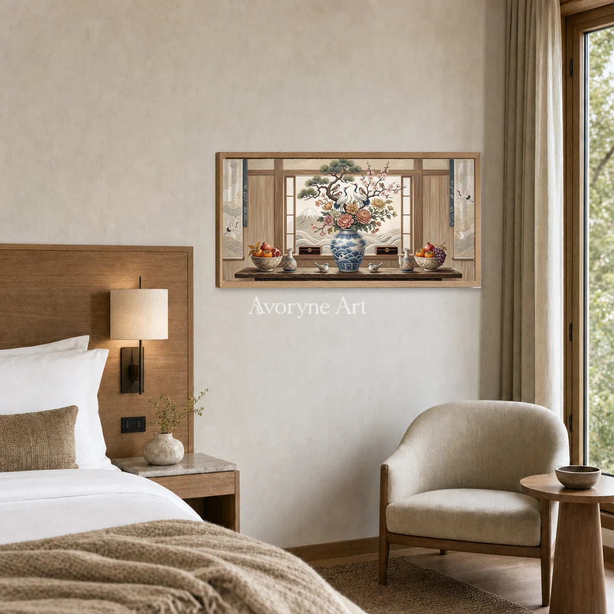 Window of Plenty: Brown Floral Vase Panoramic Still Life Wall Art — hotel wood