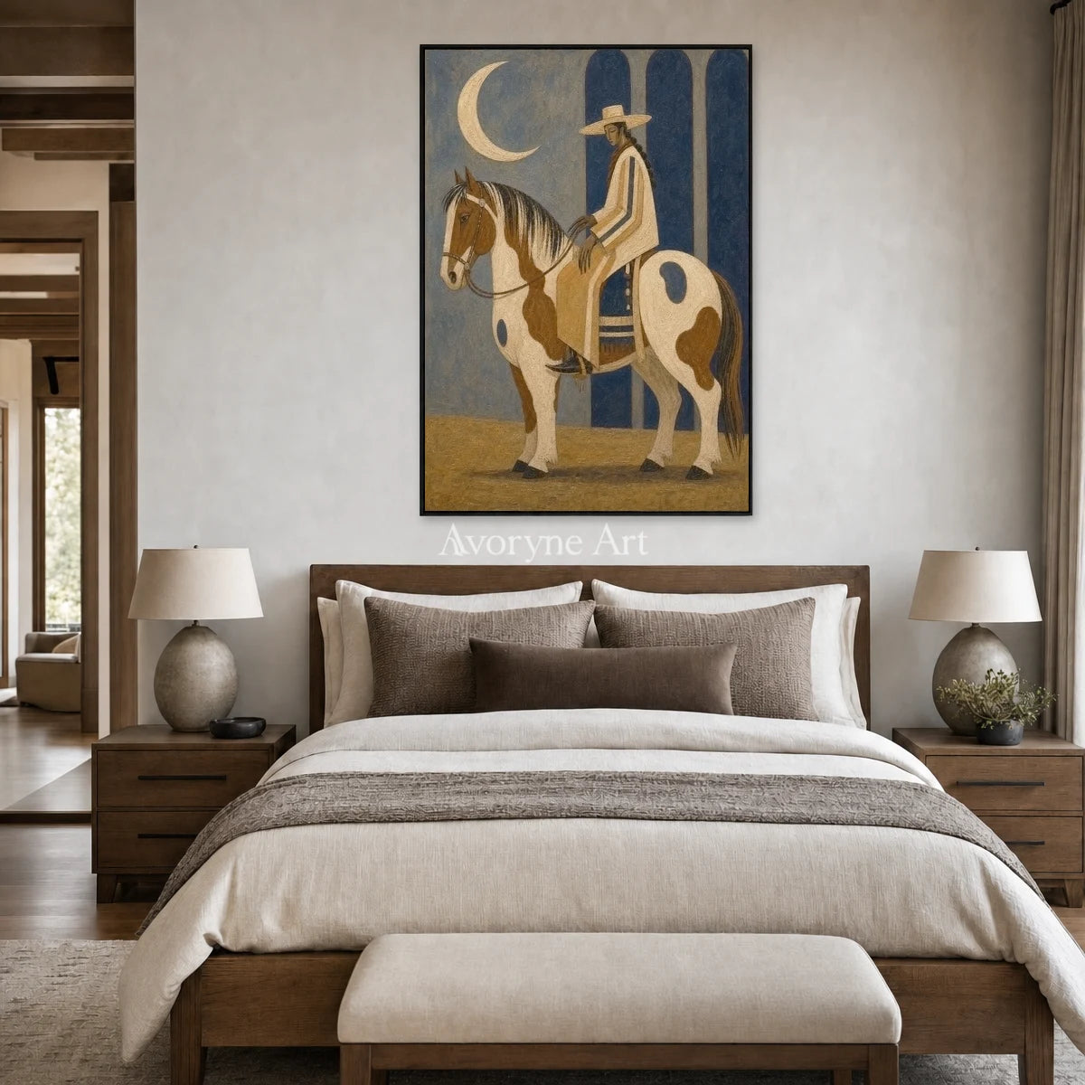 Moonlit Pinto: Brown Horse and Rider Vertical Wall Art — bedroom black