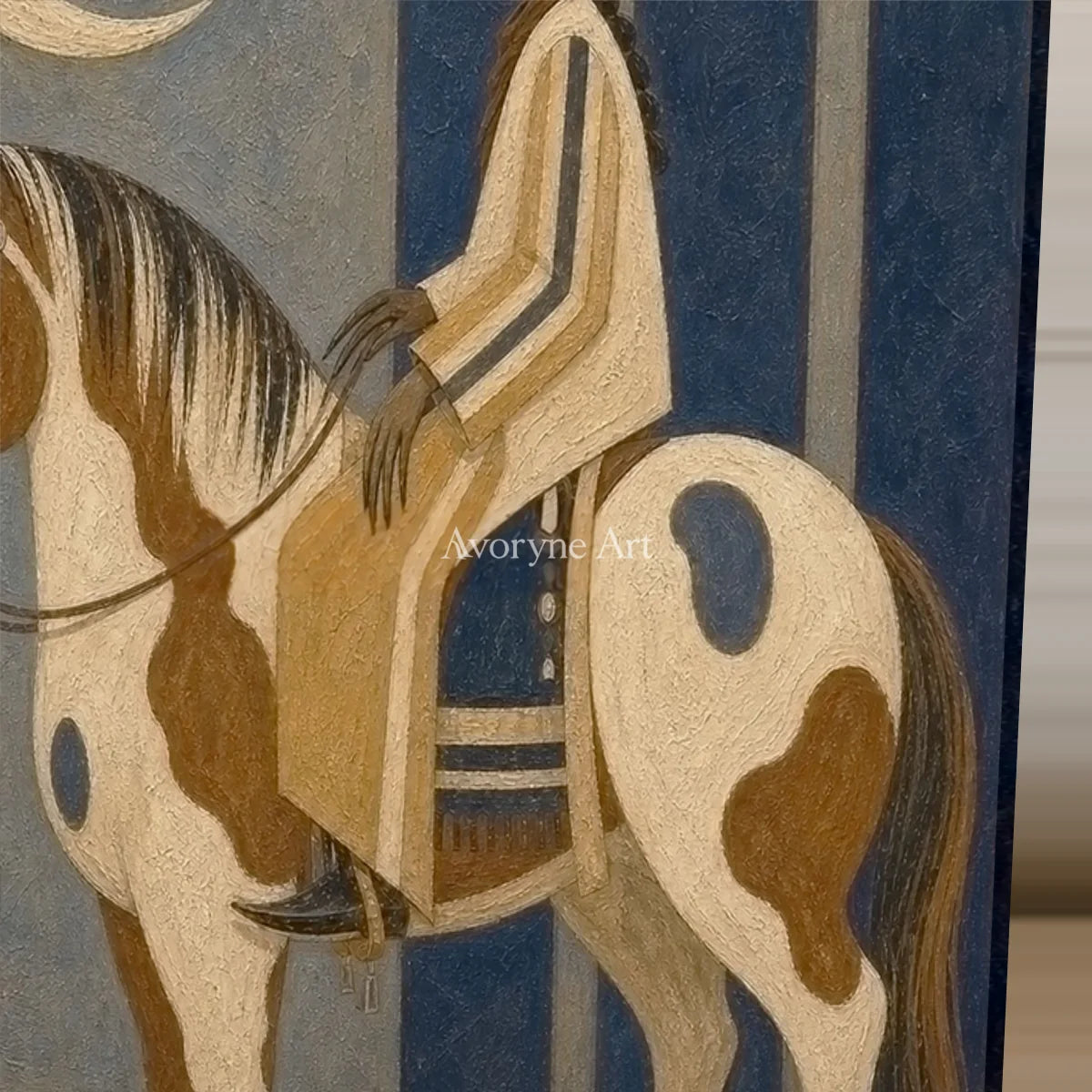 Moonlit Pinto: Brown Horse and Rider Vertical Wall Art — detail easel