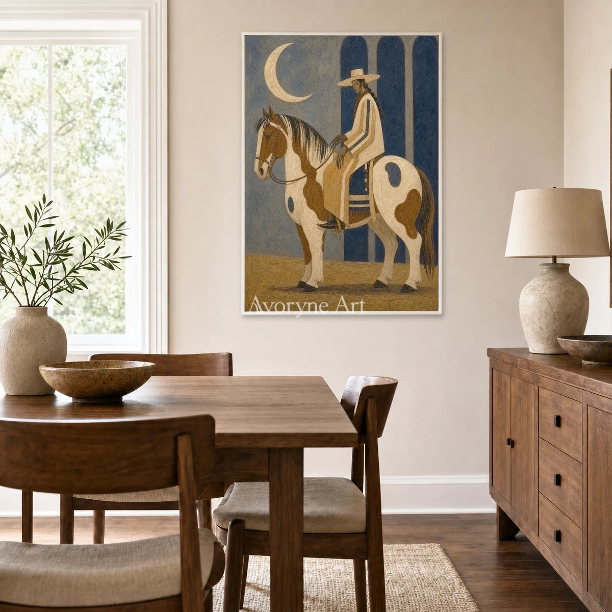 Moonlit Pinto: Brown Horse and Rider Vertical Wall Art — dining white