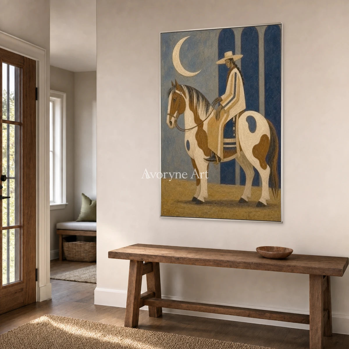 Moonlit Pinto: Brown Horse and Rider Vertical Wall Art — entry silver