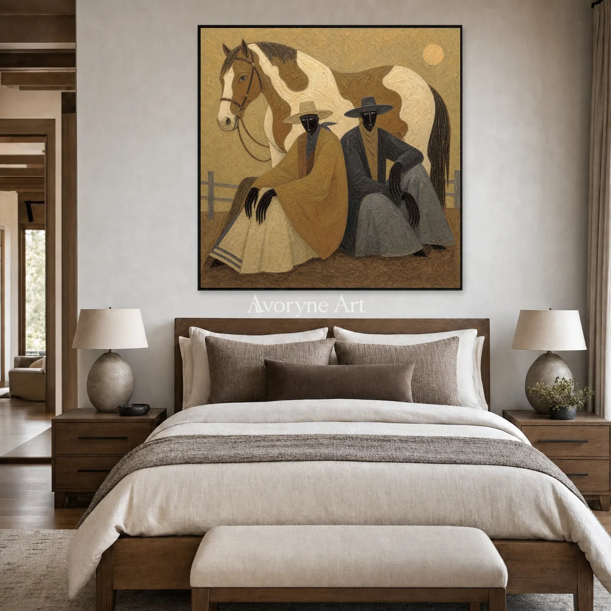 Companions at Sundown: Brown Horse and Seated Figures Square Wall Art — bedroom black
