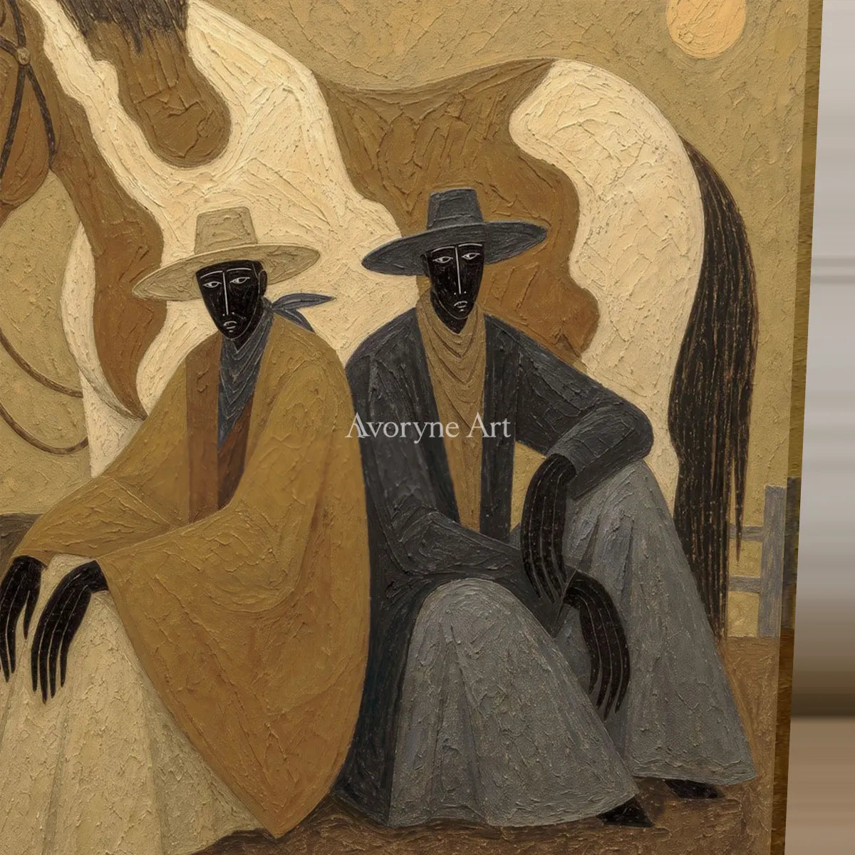 Companions at Sundown: Brown Horse and Seated Figures Square Wall Art — detail easel