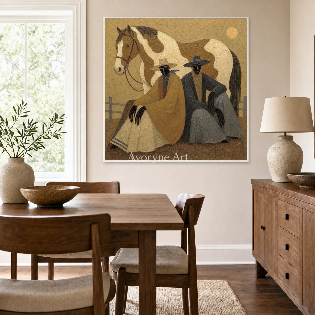 Companions at Sundown: Brown Horse and Seated Figures Square Wall Art — dining white