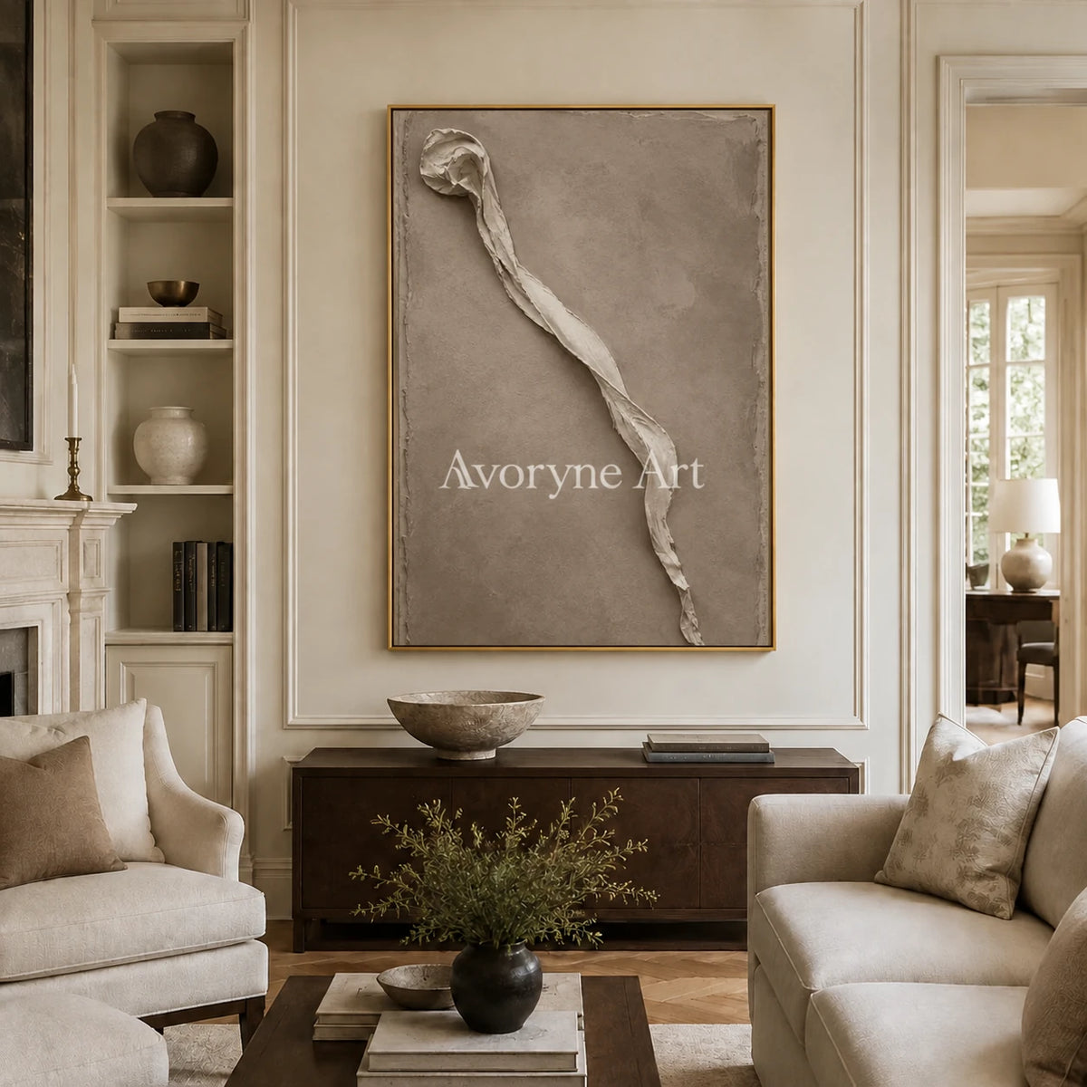 Earthen Fold: Brown Wabi-Sabi Textured Wall Art - living room gold frame