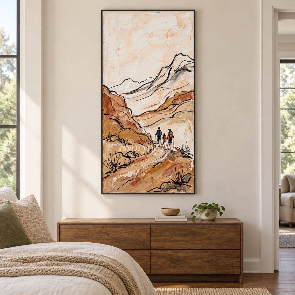 Silver Rhythm canyon landscape wall art with a black frame above a bed in a bedroom