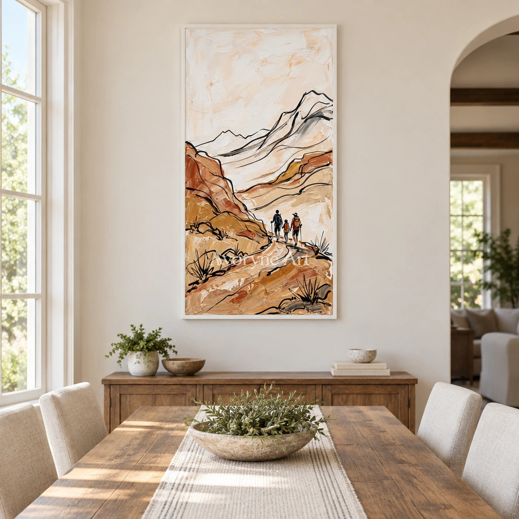 Silver Rhythm canyon landscape wall art with a white frame in a dining room