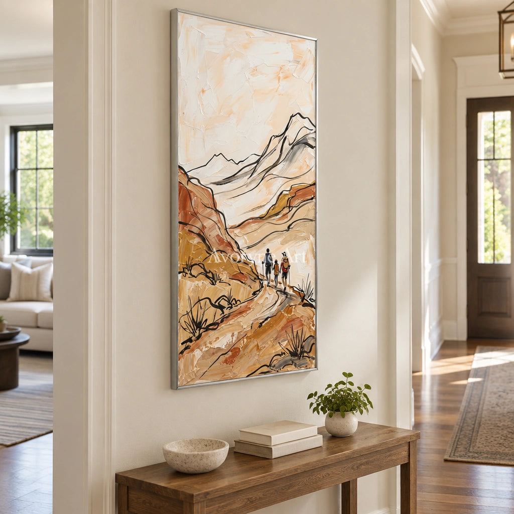 Silver Rhythm canyon landscape wall art with a silver frame in an entryway