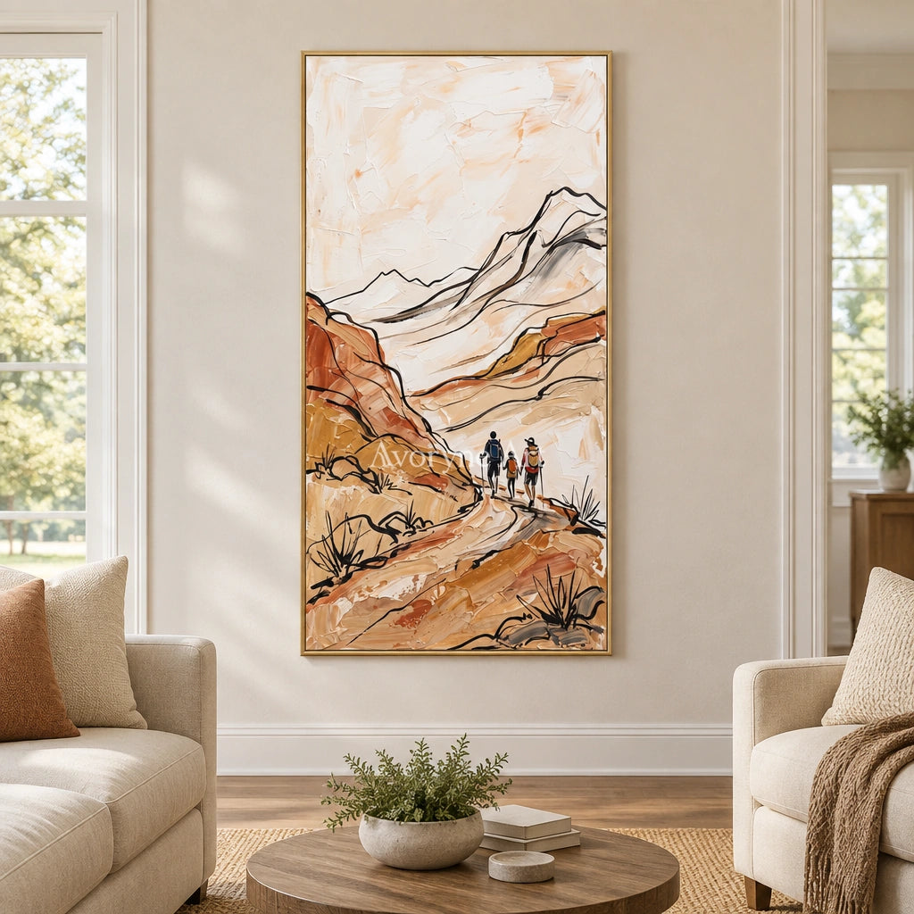 Silver Rhythm canyon landscape wall art with a gold frame hanging in a living room