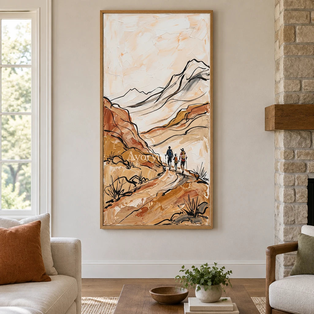 Silver Rhythm canyon landscape wall art with a wood frame in a villa living space