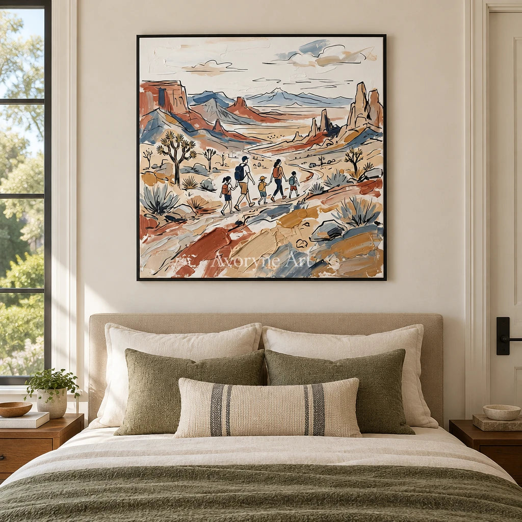 Silver Gesture canyon landscape wall art with a black frame above a bed in a bedroom