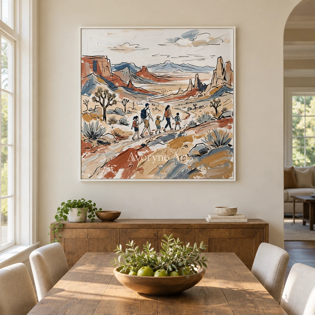 Silver Gesture canyon landscape wall art with a white frame in a dining room