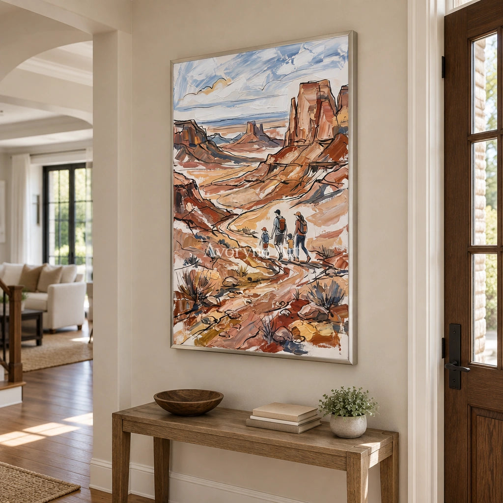 Silver Verse canyon landscape wall art with a silver frame in an entryway