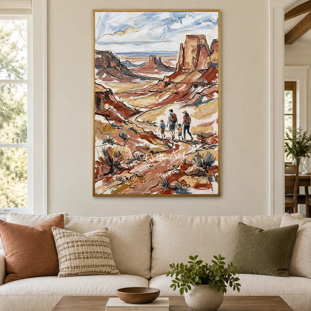 Silver Verse canyon landscape wall art with a gold frame hanging in a living room