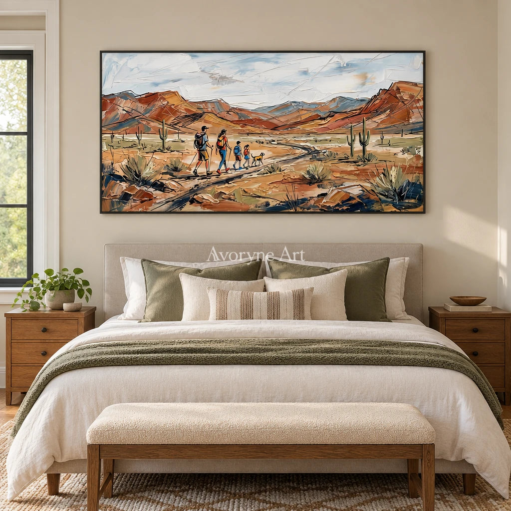 Silver Memory canyon landscape wall art with a black frame above a bed in a bedroom