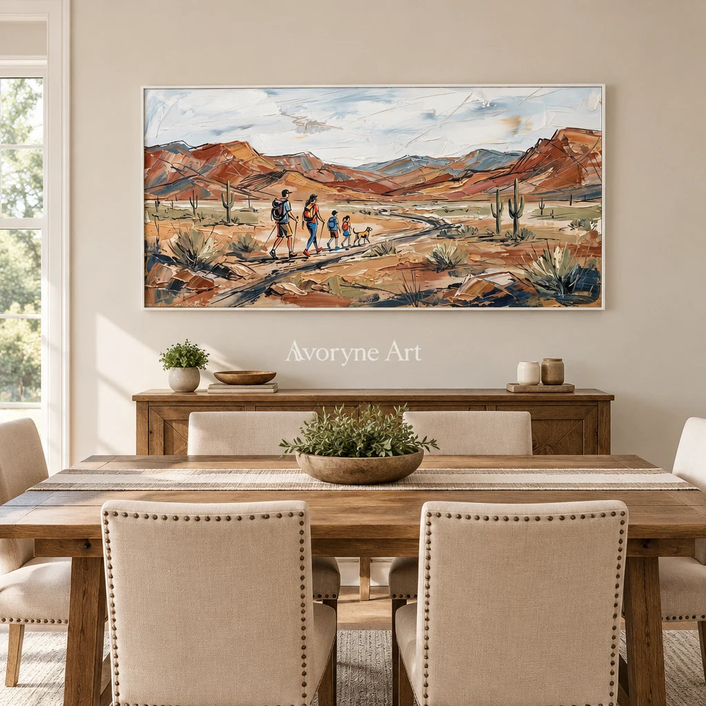 Silver Memory canyon landscape wall art with a white frame in a dining room