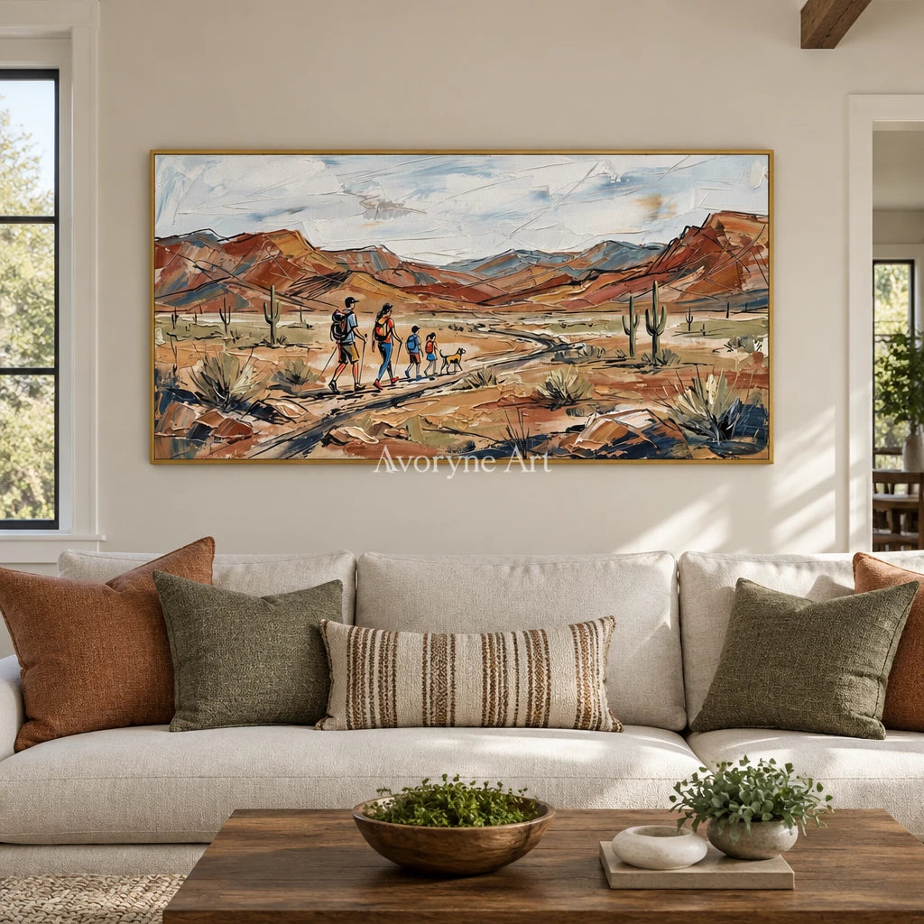 Silver Memory canyon landscape wall art with a gold frame hanging in a living room