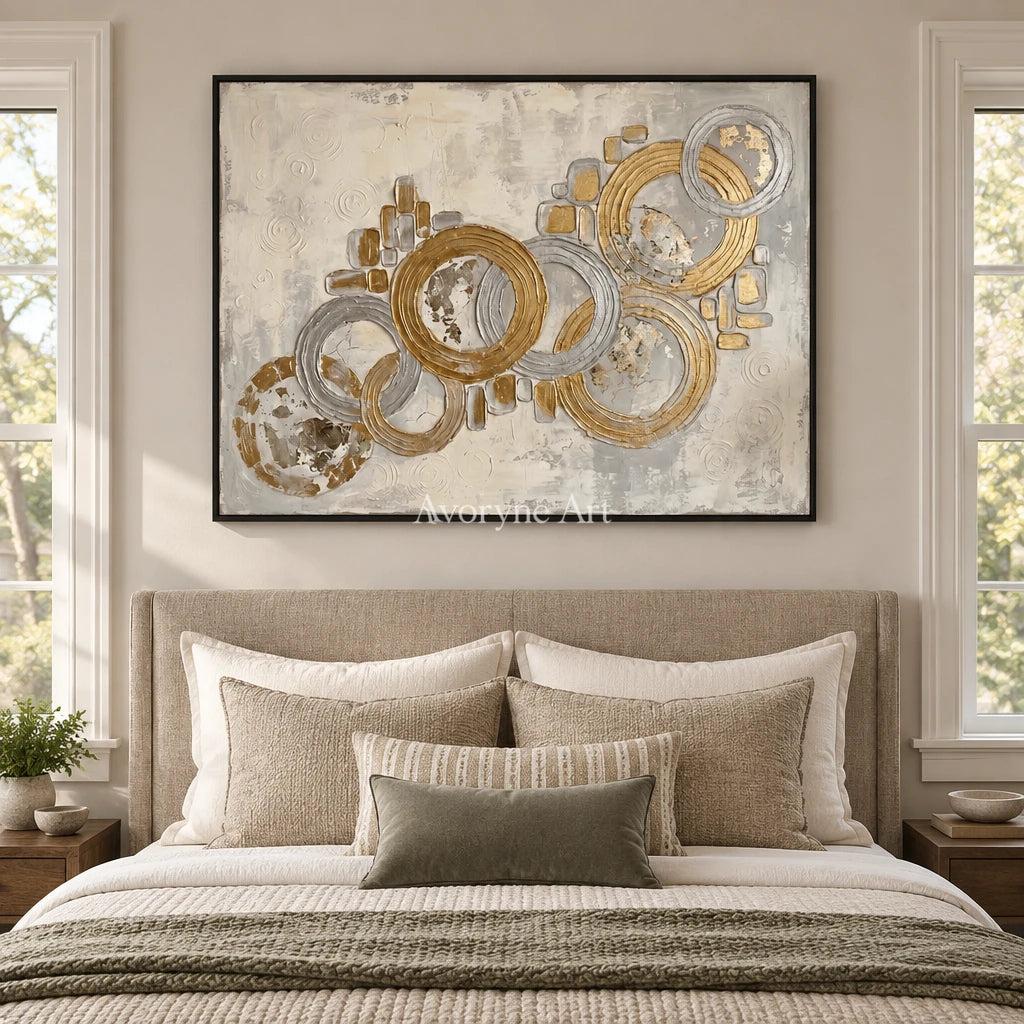 Soft Gesture circle relief wall art with a black frame above a bed in a bedroom