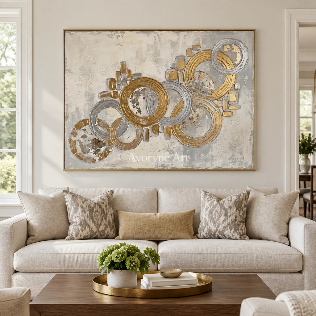 Soft Gesture circle relief wall art with a gold frame hanging in a living room