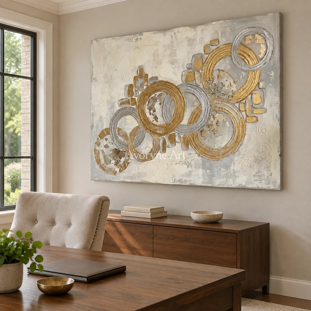 Soft Gesture circle relief wall art as a frameless stretched canvas in a home office