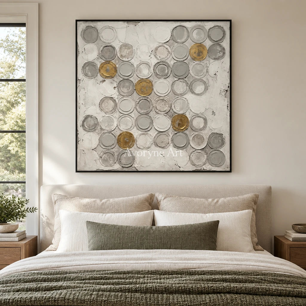 Soft Mosaic circle relief wall art with a black frame above a bed in a bedroom