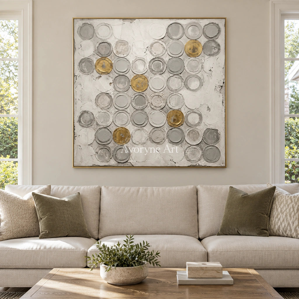 Soft Mosaic circle relief wall art with a gold frame hanging in a living room