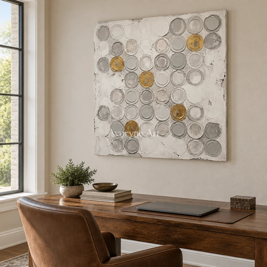 Soft Mosaic circle relief wall art as a frameless stretched canvas in a home office