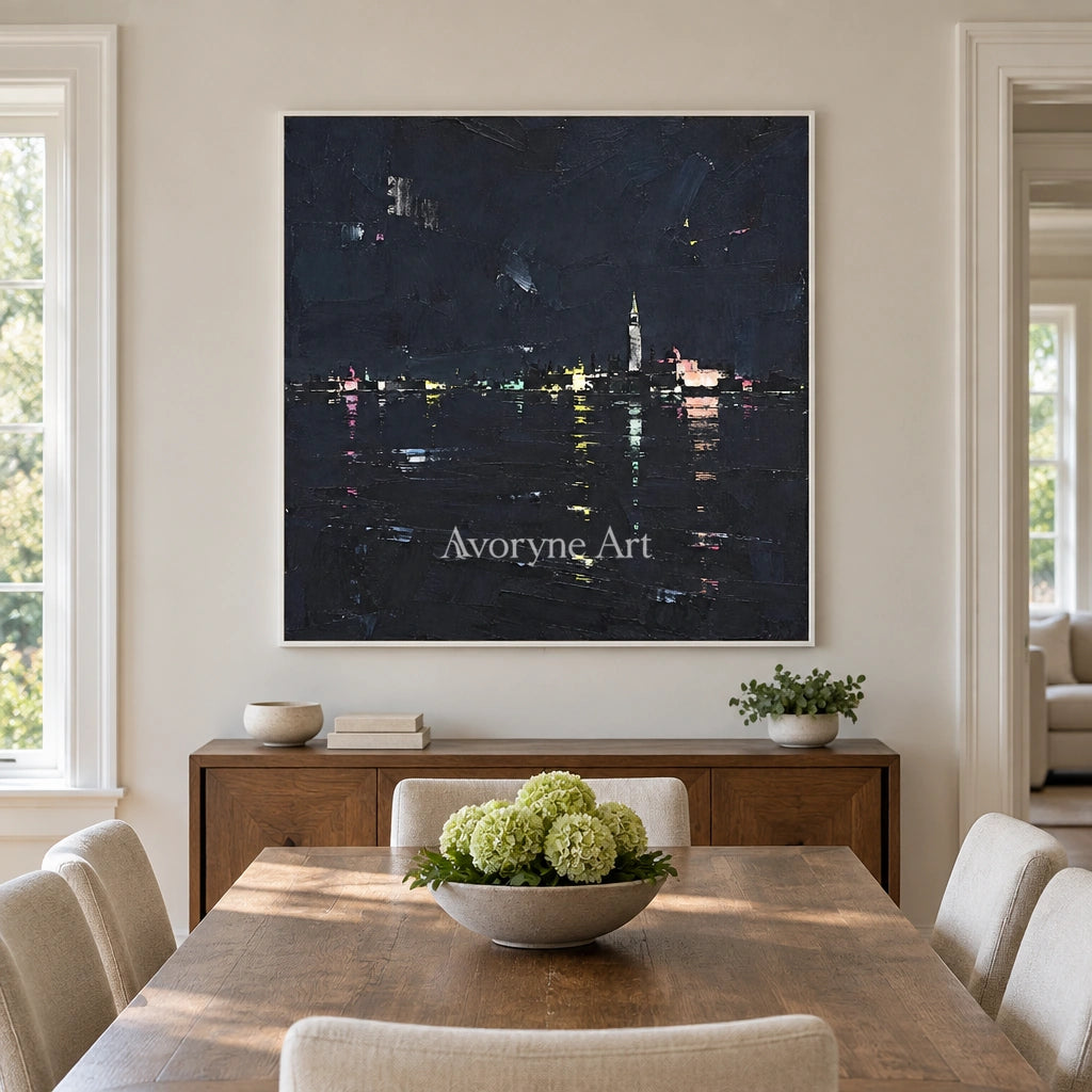 Still Trace cityscape wall art with a white frame in a dining room