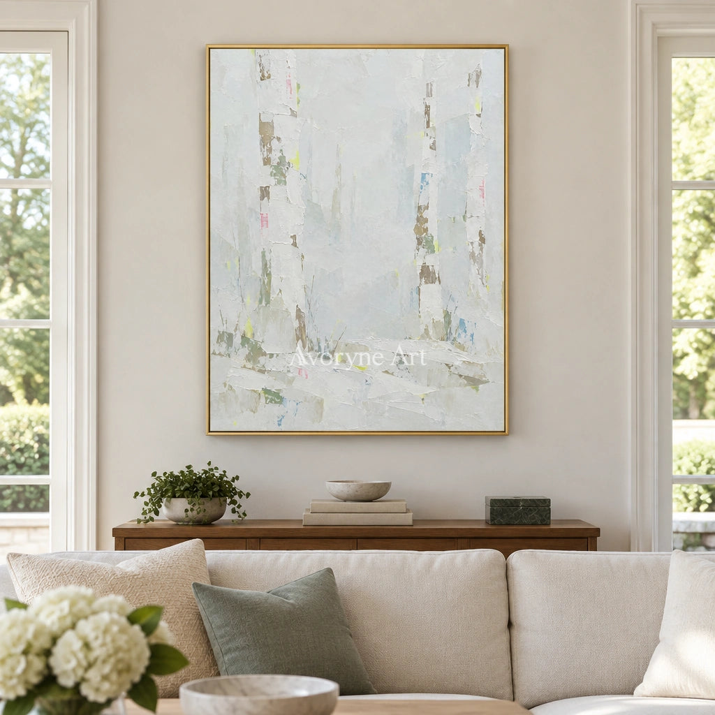 Tender Rhythm cityscape wall art with a gold frame hanging in a living room