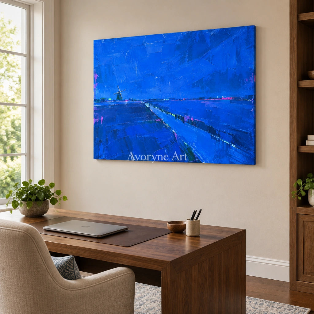 Tender Verse cityscape wall art as a frameless stretched canvas in a home office