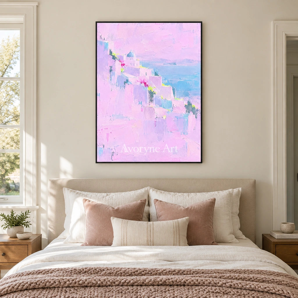 Tender Prelude cityscape wall art with a black frame above a bed in a bedroom