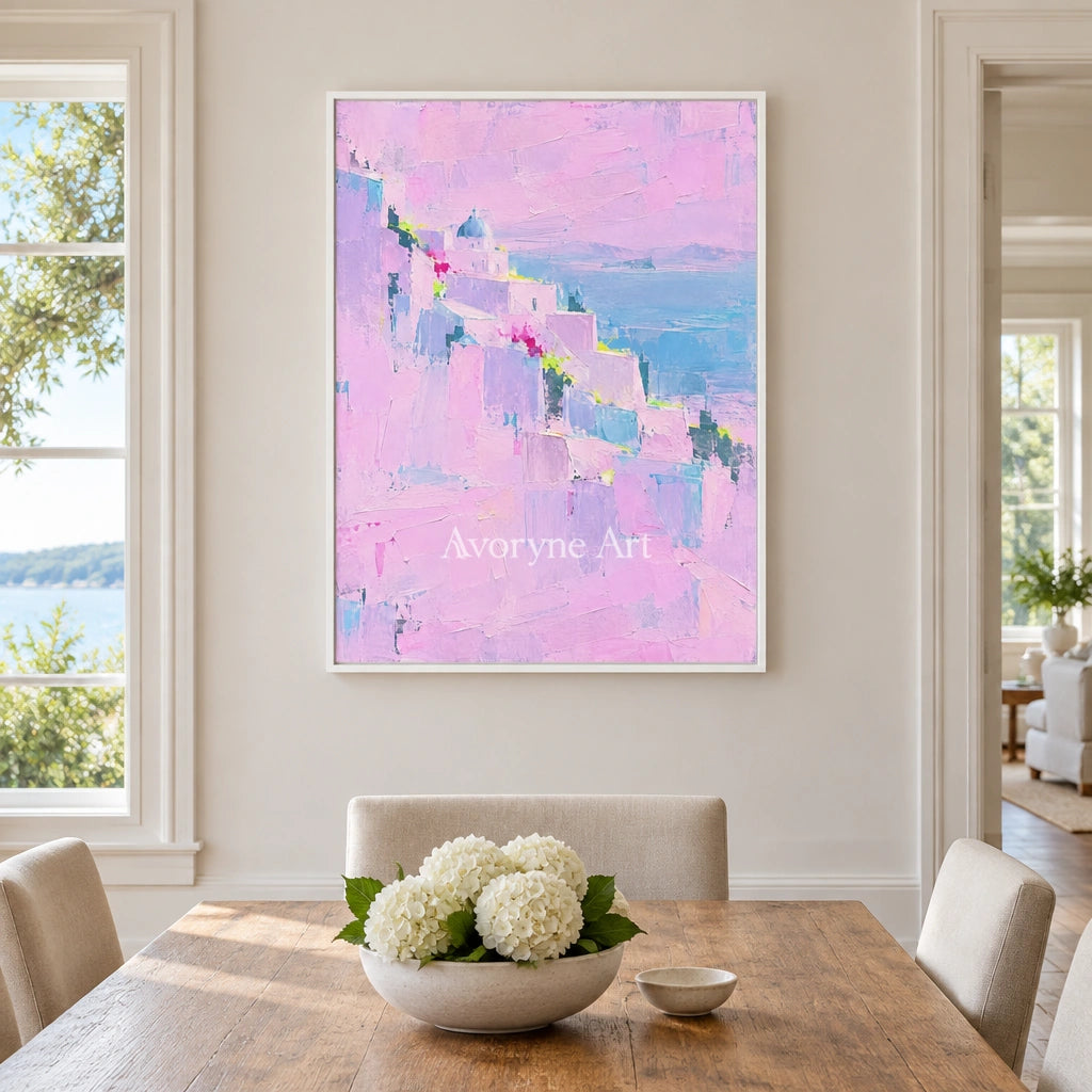 Tender Prelude cityscape wall art with a white frame in a dining room