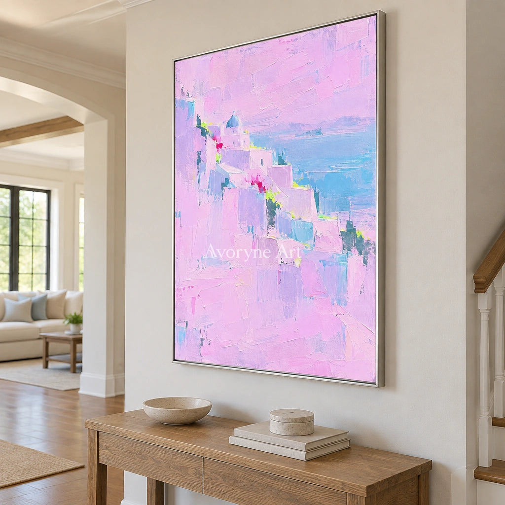 Tender Prelude cityscape wall art with a silver frame in an entryway